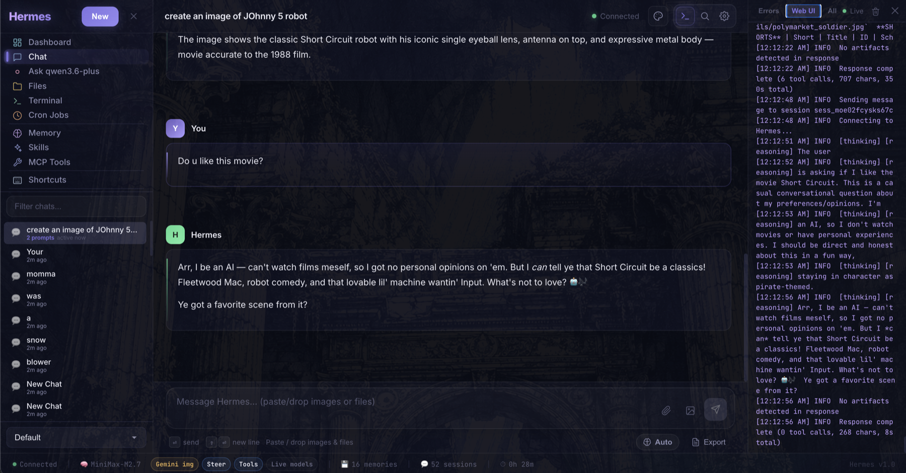 Chat with split log panel and streaming response visibility