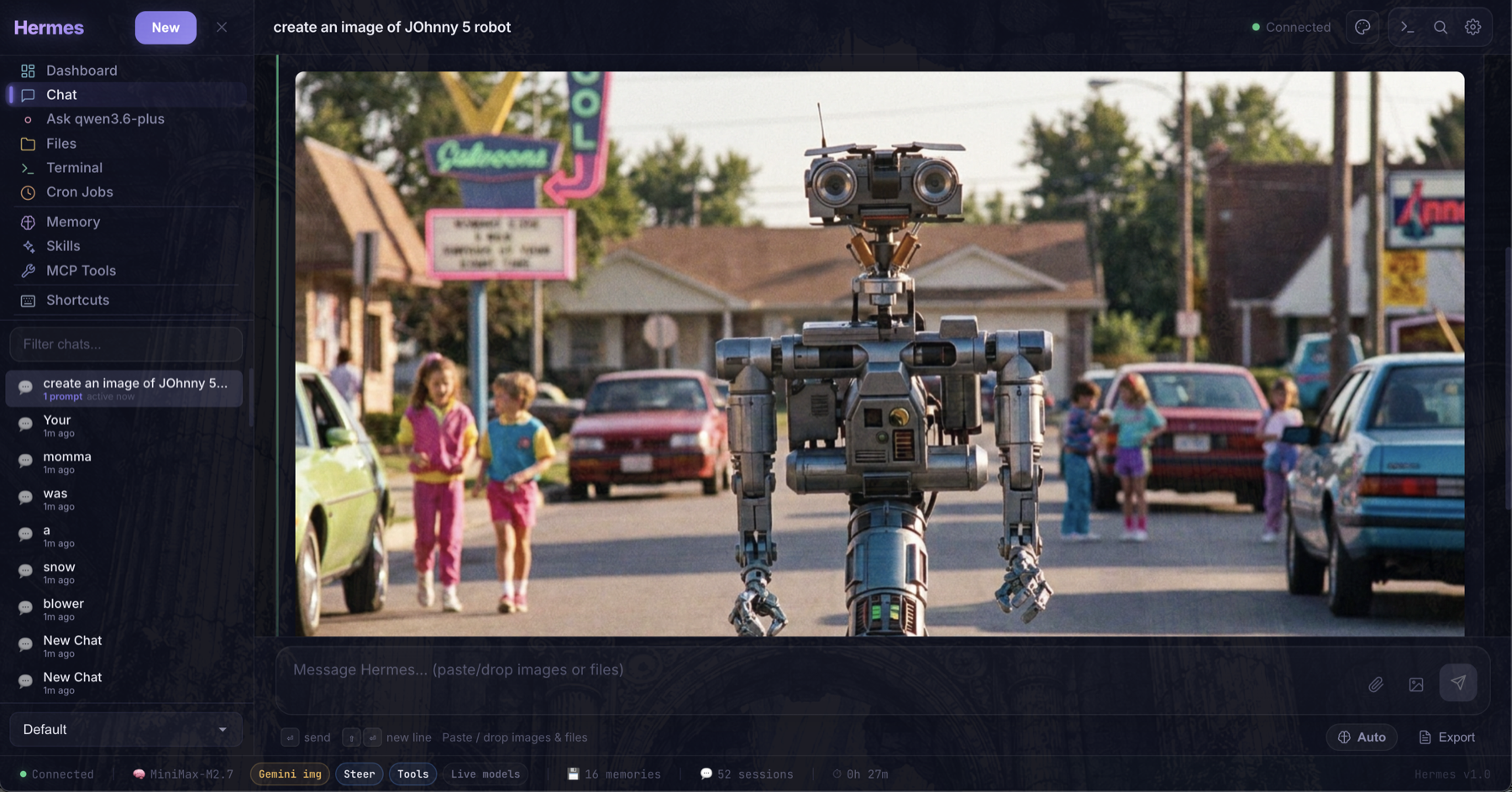 Chat with inline image generation and live terminal panel