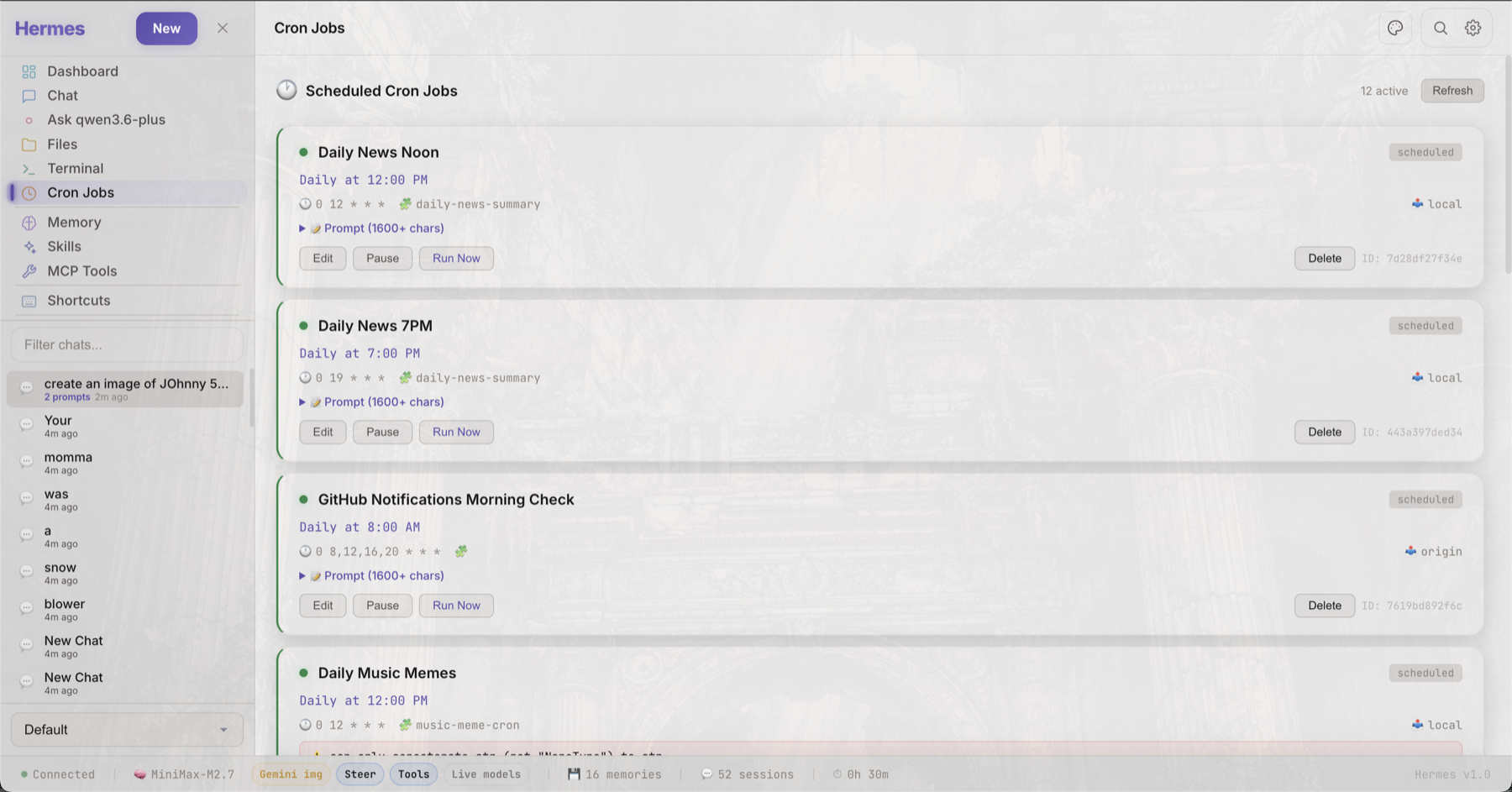 Scheduled cron jobs with edit, pause, and run-now controls
