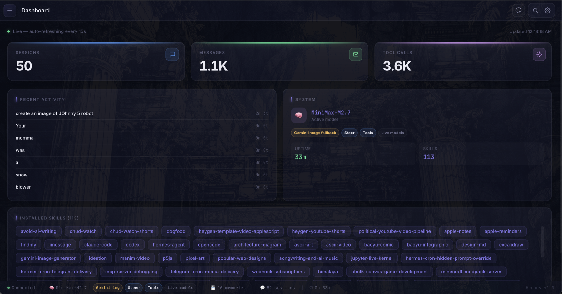 Dashboard with live stats, recent activity, and installed skills