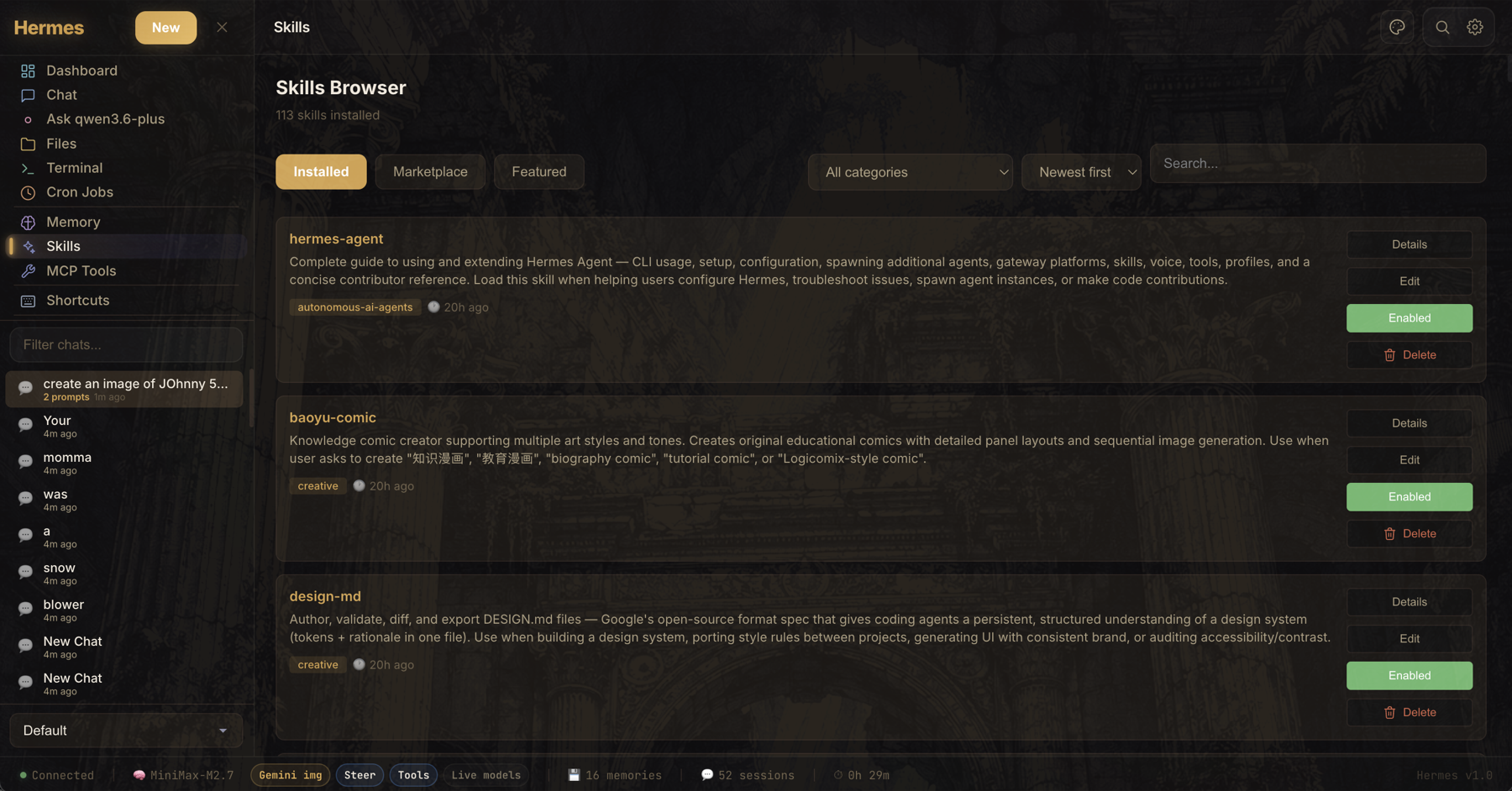Browse and manage installed Hermes skills
