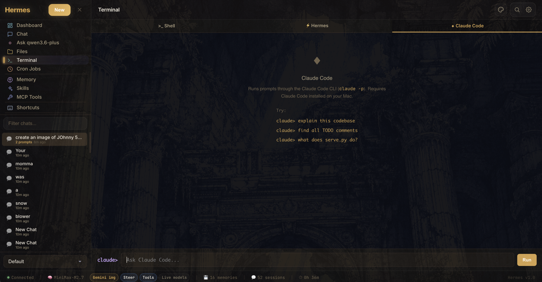 Built-in terminal area with Hermes and Claude Code tabs