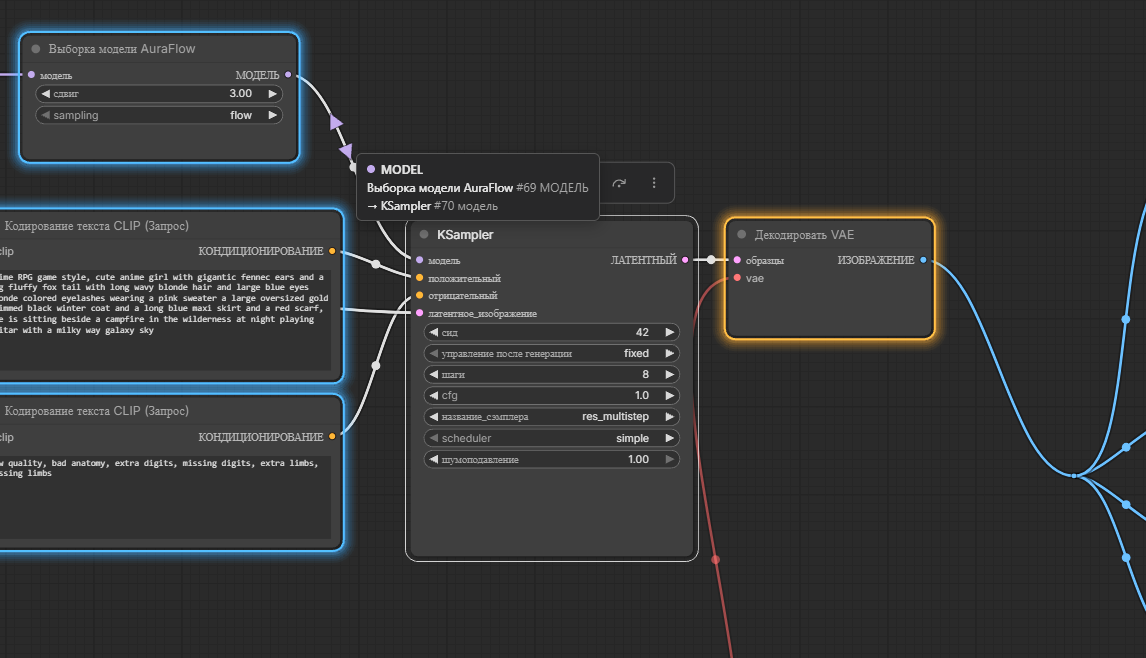 A ComfyUI graph in Russian with KSampler selected. ModelSamplingAuraFlow and two CLIP Text Encode prompts, which feed it, are outlined in blue with a soft blue glow; VAE Decode, which it feeds, in amber. The pointer rests on the MODEL wire into KSampler: two violet arrows stand on the wire, one back up towards ModelSamplingAuraFlow and one ahead towards KSampler, and the tooltip reads MODEL, ModelSamplingAuraFlow #69 MODEL, to KSampler #70 model. On the right the blue IMAGE wires from VAE Decode run as one trunk to a small dot and split there