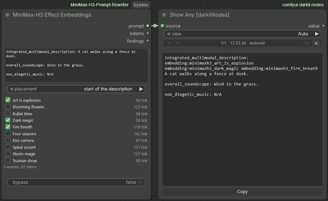 The MiniMax-H3 Effect Embeddings node beside a Show Any node. Two badges sit above the title bar: the pack's own, and a grey one reading "bypass". Three outputs run down the right edge — prompt, wired across to the other node, then tokens and findings. Below them a text box holds a three-field T2VA prompt: integrated_multimodal_description: A cat walks along a fence at dusk, overall_soundscape: Wind in the grass, non_diegetic_music: N/A. Under it the placement widget reads "start of the description". Then the grid of ten, each row a checkbox, a name and a cost: Art is explosion 50 tok, Blooming flowers 123 tok, Bullet time 94 tok, Dark magic 59 tok, Fire breath 118 tok, Four seasons 142 tok, Kiss camera 97 tok, Spiral ascent 131 tok, Storm magic 137 tok, Truman show 90 tok. Three are ticked — Art is explosion, Dark magic and Fire breath — their boxes green with a white tick. A line under the grid reads "3 selected, 227 tokens", and below it the bypass widget reads false. There is no download button. The Show Any node displays the result: the three tokens run together after the integrated_multimodal_description label and in front of the sentence, then overall_soundscape and non_diegetic_music exactly as they were written