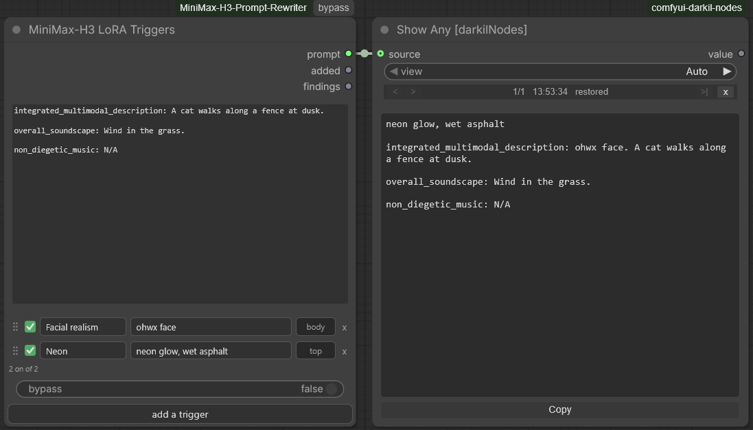 The MiniMax-H3 LoRA Triggers node beside a Show Any node. Two badges sit above the title bar: the pack's own, and a grey one reading "bypass". Three outputs run down the right edge — prompt, wired across to the other node, then added and findings. Below them a text box holds a three-field T2VA prompt: integrated_multimodal_description: A cat walks along a fence at dusk, overall_soundscape: Wind in the grass, non_diegetic_music: N/A. Under it two rows of the list. Each is a drag grip, a green checkbox with a white tick, a field for the name, a wider one for the words, a placement mark and a cross: "Facial realism" holding "ohwx face" marked body, and "Neon" holding "neon glow, wet asphalt" marked top. The two marks line up in a column, and so do the two pairs of fields. A line under them reads "2 on of 2", then the bypass widget reading false, then a full-width button, "add a trigger". The Show Any node displays the result: "neon glow, wet asphalt" alone on the first line, a blank line, then integrated_multimodal_description opening with "ohwx face." in front of the sentence, and overall_soundscape and non_diegetic_music exactly as they were written