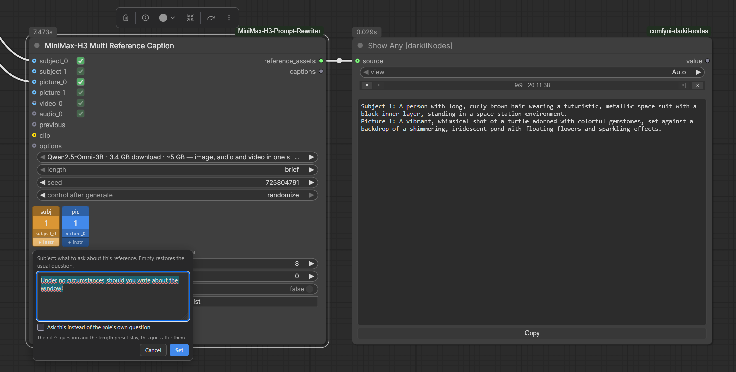 The Multi Reference Caption node beside a text viewer: seven reference slots each with a checkbox on its own row, the connected video_0 slot unchecked while subject_0 and audio_0 stay checked, and the viewer showing a block of exactly two lines, Subject 1 describing a turtle with gem-like stones on its shell and Audio 1 describing a male voice over birdsong and splashing water
