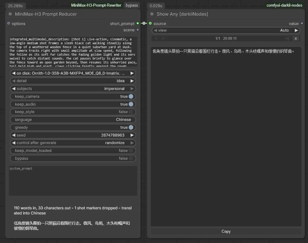 The MiniMax-H3 Prompt Reducer node with a Show Any node beside it: an options socket on the left, short_prompt and scene as the two outputs on the right, a tall prompt box holding a full I2VA prompt with its integrated_multimodal_description and [Shot 1] marker, then the widgets — a 35B model on disk, detail on idea, subjects on impersonal, keep_camera and keep_audio true, keep_style false, language reading Chinese, greedy true, a seed set to randomize, keep_model_loaded and bypass false, and an empty system_prompt box. Under the node the status line reads '110 words in, 33 characters out - 1 shot markers dropped - translated into Chinese', and below it the two Chinese sentences themselves, which the Show Any node repeats
