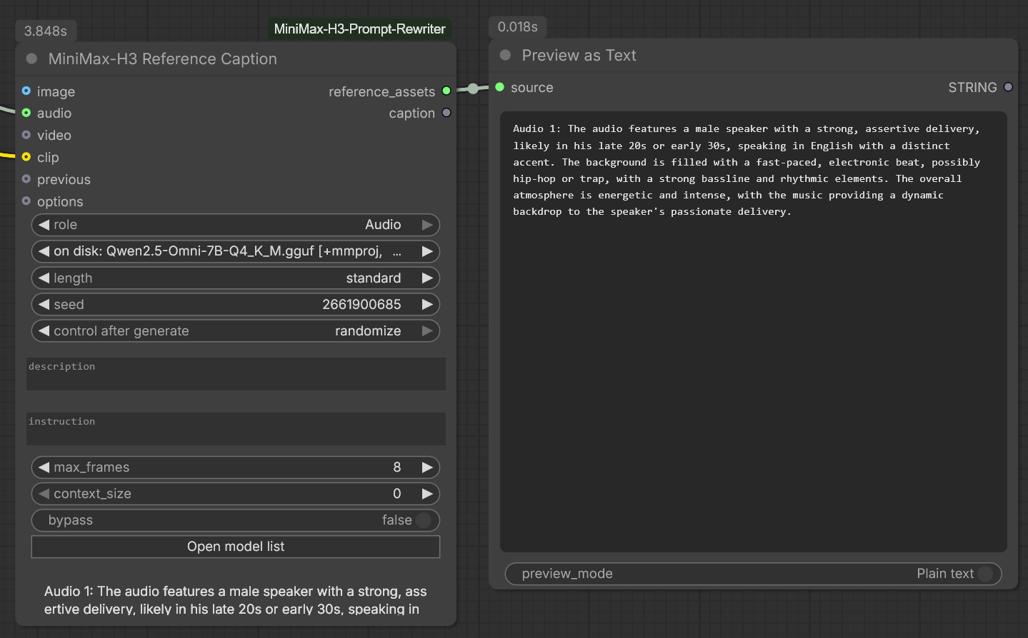 Two Reference Caption nodes chained: a Load Image feeds the first with role Picture, a Load Audio feeds the second with role Audio, reference_assets runs from the first node into the second node's previous input, and the viewer on the right shows both lines, Picture 1 and Audio 1