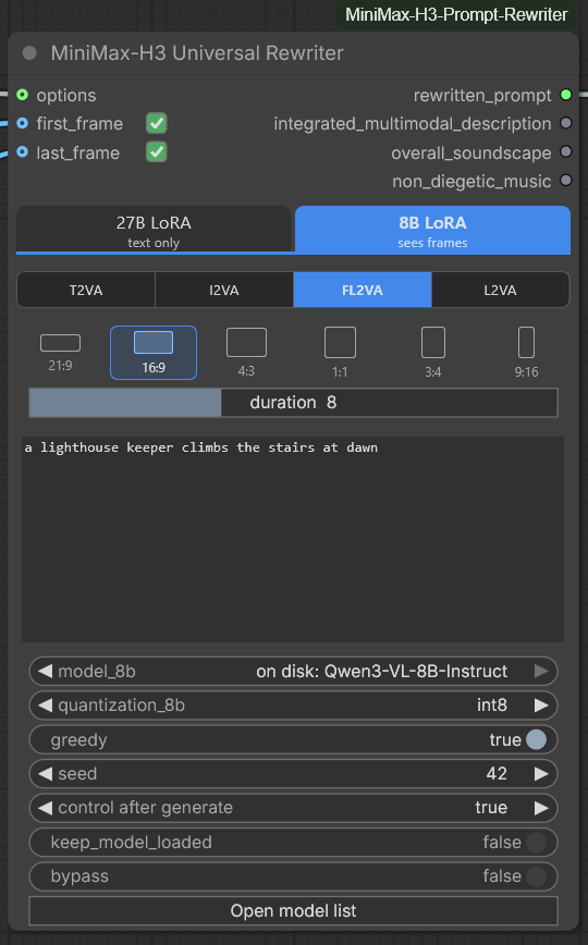 The same node one click later, on its 8B tab: "8B LoRA / sees frames" lit and "27B LoRA" dark, all four tasks available with FL2VA chosen, the same 16:9, the same duration of 8 and the same prompt, and below them model_8b pointing at an on-disk Qwen3-VL-8B-Instruct with quantization_8b set to int8