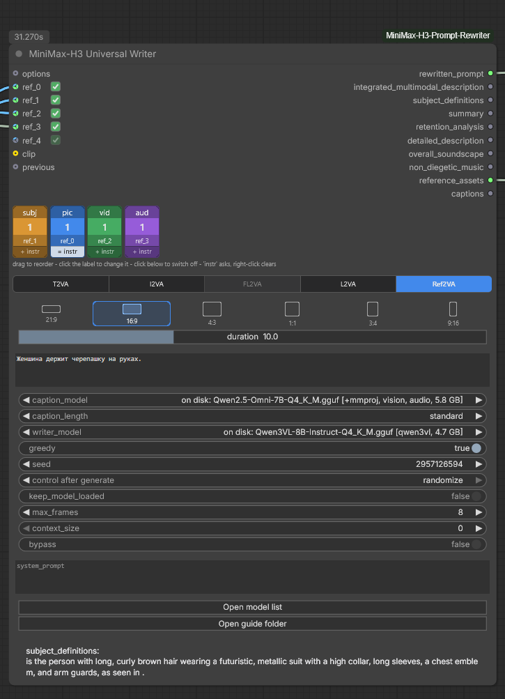 The Universal Writer node: five reference slots each with a checkbox on its own row, then a strip of four coloured squares reading subj 1 over ref_1, pic 1 over ref_0, vid 1 over ref_3 and aud 1 over ref_2 with a line of help under them, a task switch with Ref2VA lit, six aspect-ratio rectangles drawn to proportion with 1:1 chosen, a duration slider at 7.2, and the prompt and both model dropdowns below