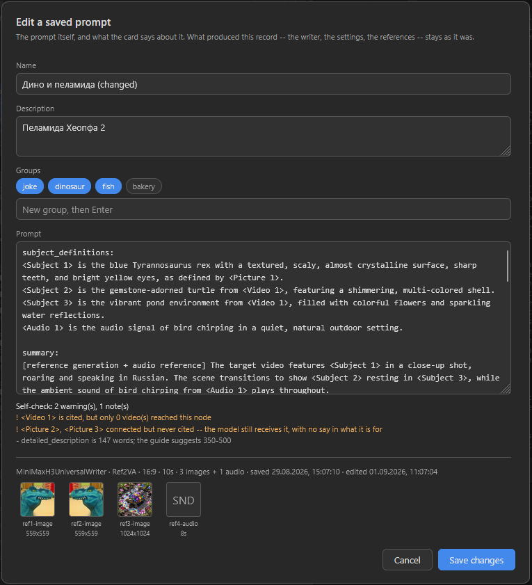 The edit window, titled “Edit a saved prompt” over the line “The prompt itself, and what the card says about it. What produced this record -- the writer, the settings, the references -- stays as it was.”: a Name box reading “Дино и пеламида (changed)”, a Description under it, then four group chips with joke, dinosaur and fish lit and bakery not, an empty “New group, then Enter” box, and the prompt itself in a monospaced box open at subject_definitions and summary. Beneath it the self-check — “Self-check: 2 warning(s), 1 note(s)” over two amber lines, one saying <Video 1> is cited but no video reached this node and one saying <Picture 2> and <Picture 3> are connected but never cited, and a grey one saying detailed_description is 147 words where the guide suggests 350-500. At the foot the record’s own account, MiniMaxH3UniversalWriter · Ref2VA · 16:9 · 10s · 3 images + 1 audio · saved 29.08.2026, 15:07:10 · edited 01.09.2026, 11:07:04, with the four reference thumbnails below it, and Cancel and Save changes in the corner