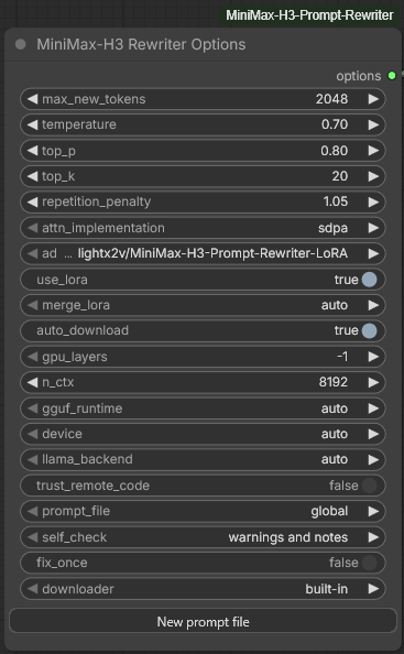 The Rewriter Options node, one output socket named options and twenty widgets: max_new_tokens 2048, temperature 0.70, top_p 0.80, top_k 20, repetition_penalty 1.05, attn_implementation sdpa, the adapter to apply, use_lora true, merge_lora auto, auto_download true, gpu_layers -1, n_ctx 8192, gguf_runtime auto, device auto, llama_backend auto, trust_remote_code false, prompt_file global, self_check warnings and notes, fix_once false, and downloader on built-in at the foot, with a New prompt file button under them