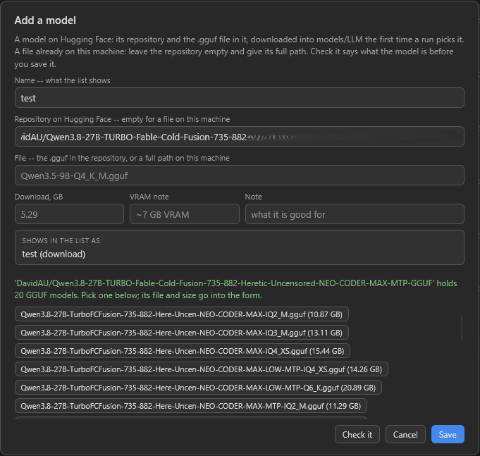 Add a model with only a repository typed in. Check it has answered in green that the repository holds 20 GGUF models and that picking one puts its file and size into the form, and lists them as buttons, each with its size, from 10.87 GB up