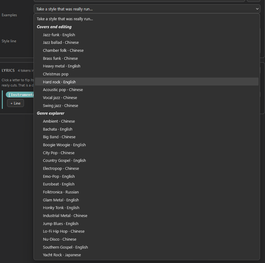 The Examples list open over the song editor. At the top the row it drops from, Take a style that was really run...; then the group Covers and editing with Jazz-funk (English), Jazz ballad (Chinese), Chamber folk (Chinese), Brass funk (Chinese), Heavy metal (English), Christmas pop, Hard rock (English) under the pointer, Acoustic pop (Chinese), Vocal jazz (Chinese) and Swing jazz (Chinese); then the group Genre explorer with Ambient (Chinese), Bachata (English), Big Band (Chinese), Boogie Woogie (English), City Pop (Chinese), Country Gospel (English), Electropop (Chinese), Emo-Pop (English), Eurobeat (English), Folktronica (Russian), Glam Metal (English), Honky Tonk (English), Industrial Metal (Chinese), Jump Blues (English), Lo-Fi Hip Hop (Chinese), Nu-Disco (Chinese), Southern Gospel (English) and Yacht Rock (Japanese). Behind the list the Examples and Style line rows of the style card, and the LYRICS card below