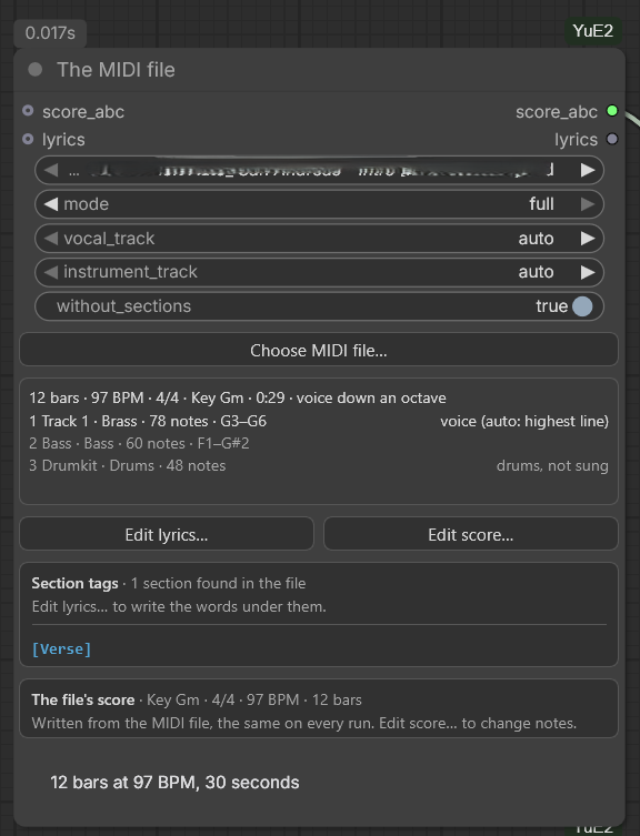 YuE2 Load MIDI, titled The MIDI file as in template 7, after a 0.017 s run. Inputs score_abc and lyrics; the score_abc output wired on. Widgets: midi with a file chosen, mode full, vocal_track auto, instrument_track auto, without_sections true. Under them the Choose MIDI file... button and the list of tracks: 12 bars, 97 BPM, 4/4, Key Gm, 0:29, voice down an octave; 1 Track 1, Brass, 78 notes, G3-G6, voice (auto: highest line); 2 Bass, Bass, 60 notes, F1-G#2; 3 Drumkit, Drums, 48 notes, drums, not sung. Then the Edit lyrics... and Edit score... buttons. The lyrics summary: Section tags, 1 section found in the file, Edit lyrics... to write the words under them, [Verse]. The score summary: The file's score, Key Gm, 4/4, 97 BPM, 12 bars, Written from the MIDI file, the same on every run. Edit score... to change notes. Under them the caption 12 bars at 97 BPM, 30 seconds