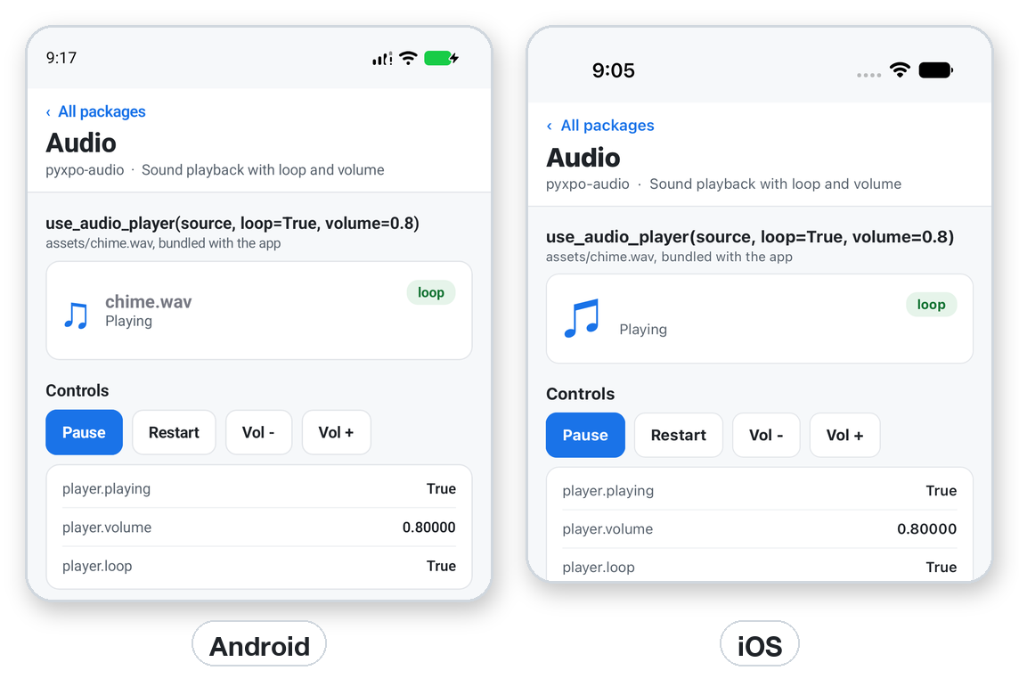 The audio controls on Android and iOS.