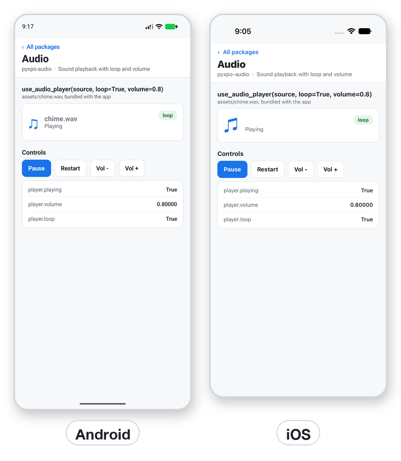 An audio player screen on Android and iOS.