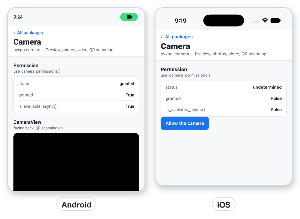 The CameraView on Android and the same screen on the iOS Simulator, which has no camera.