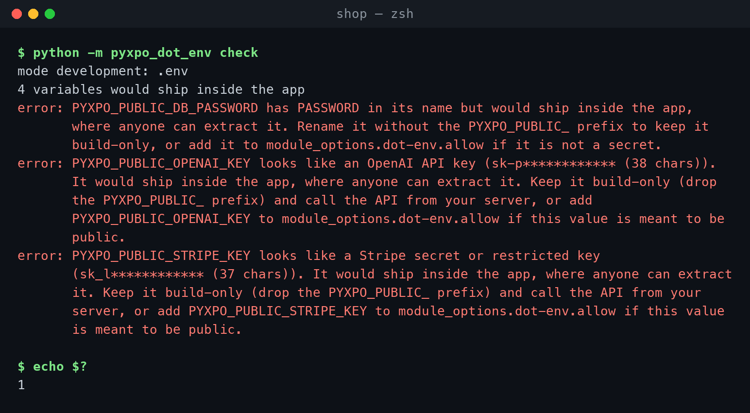check stopping on a Stripe secret key, an OpenAI key and a password in public variables, with the values masked.