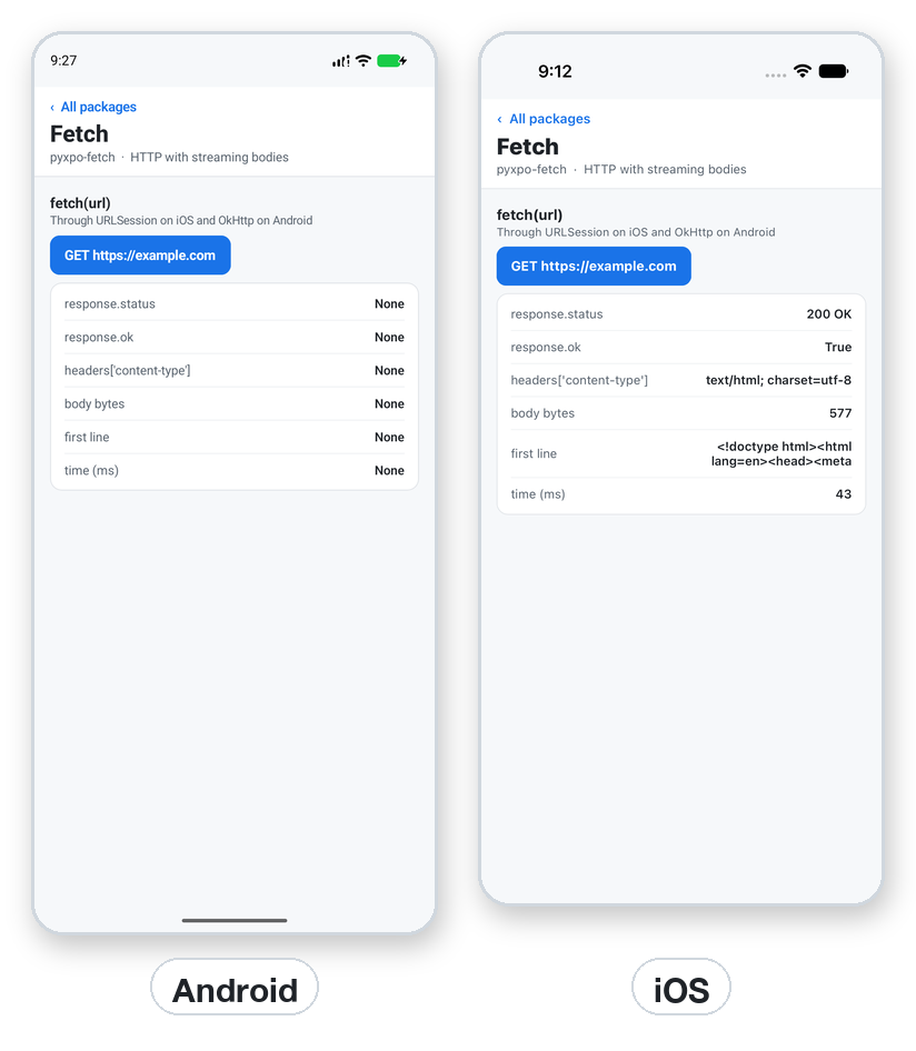 A fetch() response on Android and iOS.