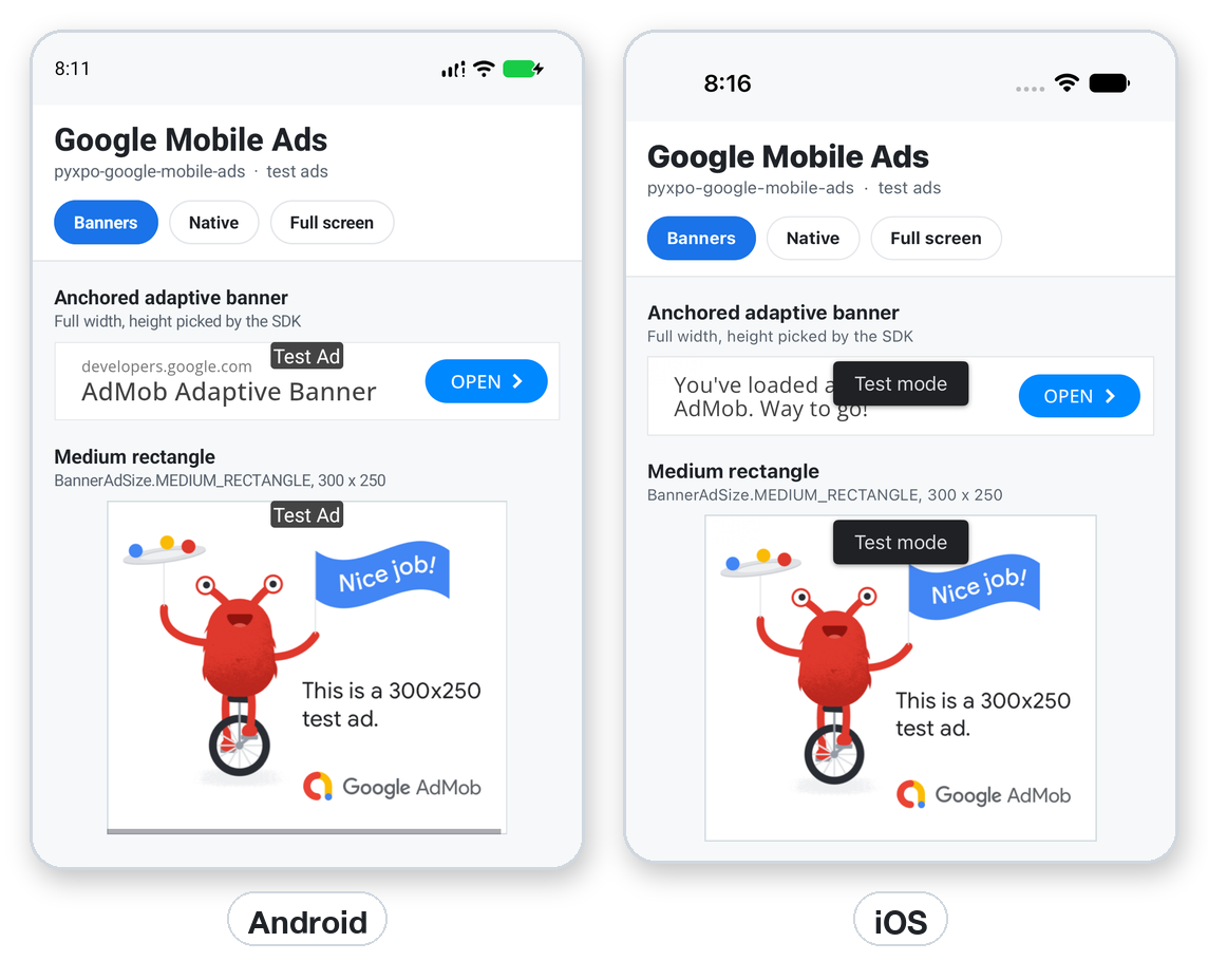 An anchored adaptive banner and a medium rectangle on Android and iOS.