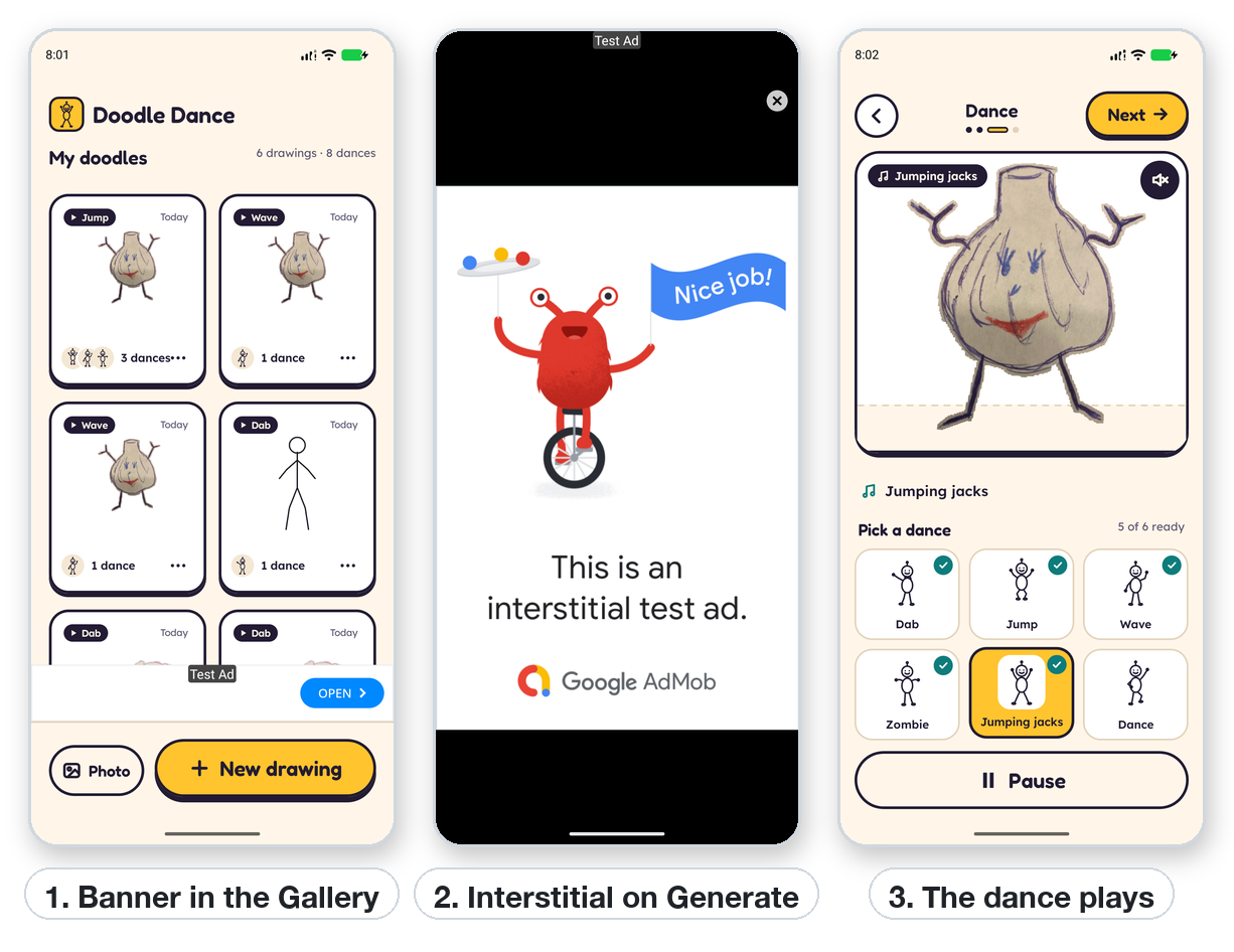Doodle Dance: a banner in the gallery, an interstitial on Generate, then the dance plays.