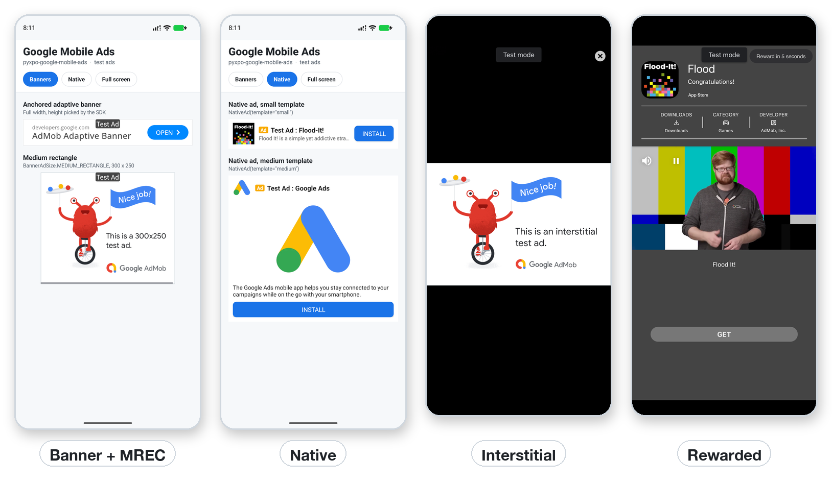 Banner, medium rectangle and native ads on Android; interstitial and rewarded ads on iOS.