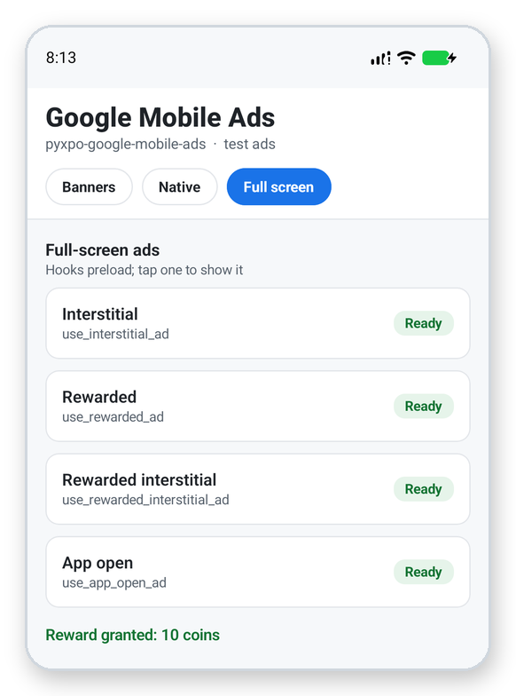 A list of full-screen ads, each marked Ready, and the line Reward granted: 10 coins.