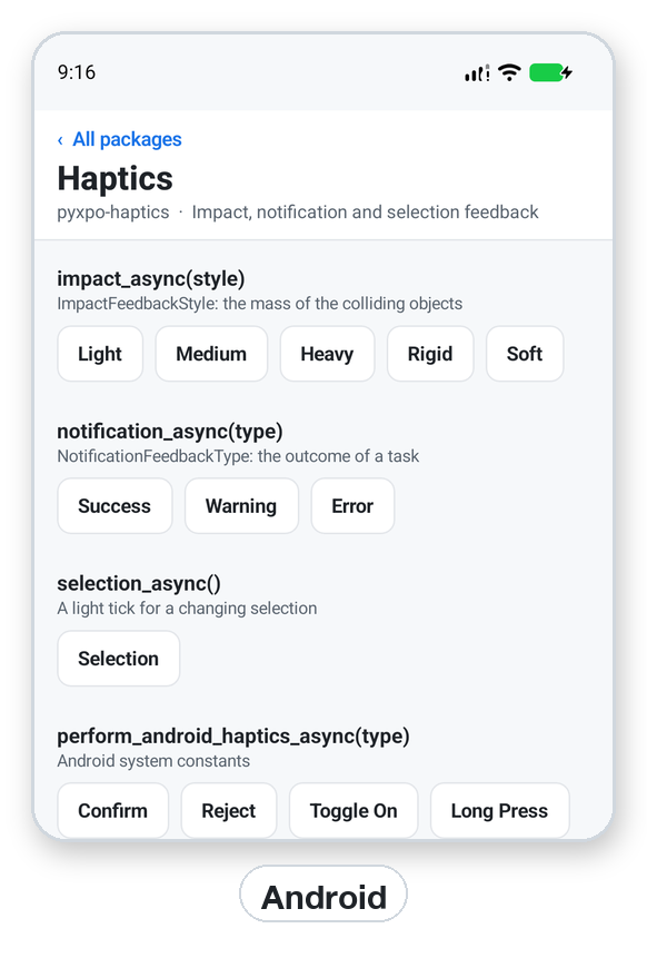 The Android system haptics section of the demo screen.