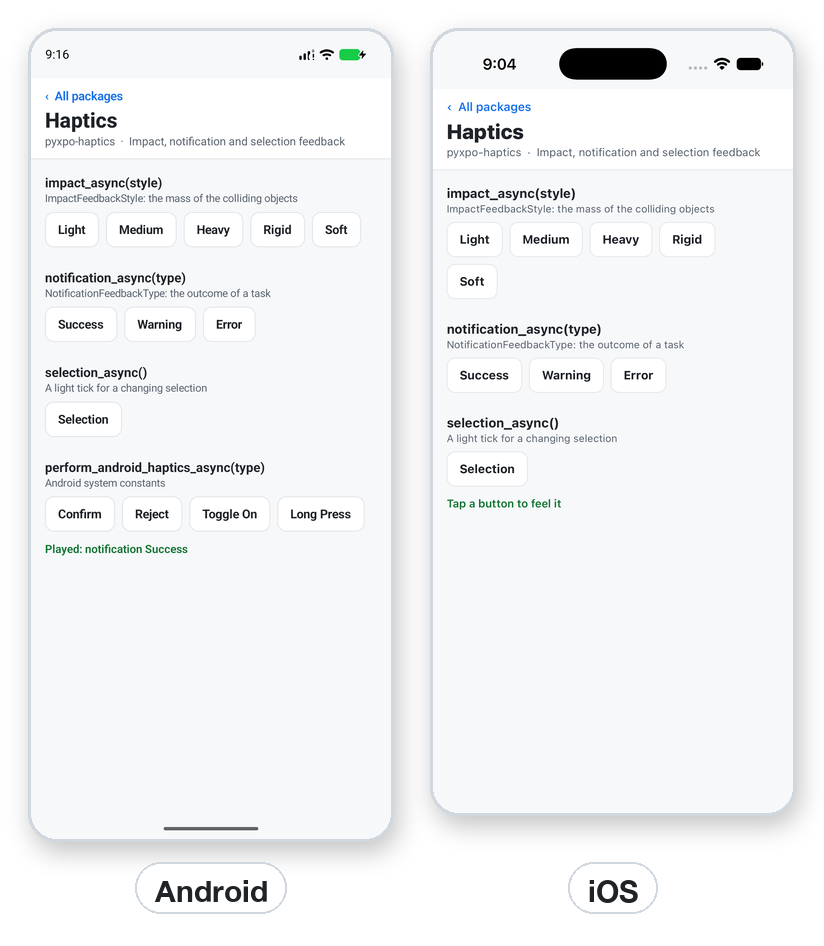 The haptics demo screen on Android and iOS.