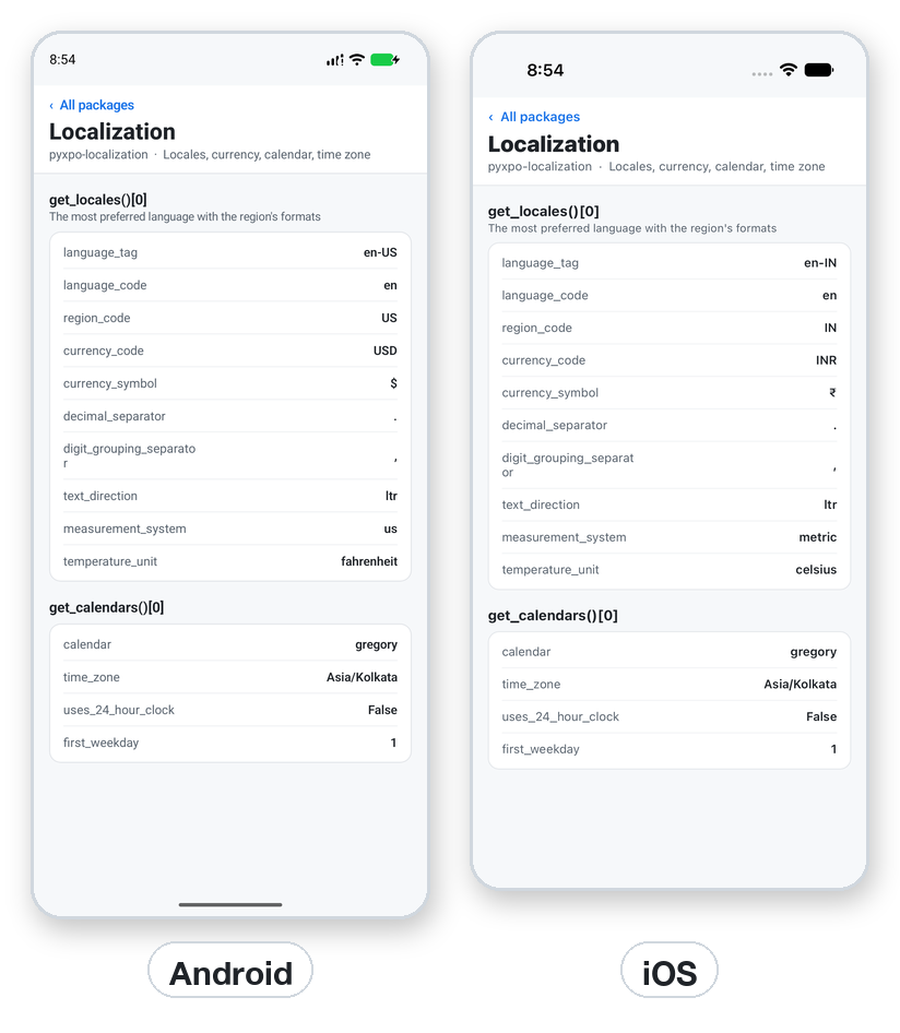 Language, region, currency and time zone on Android and iOS.
