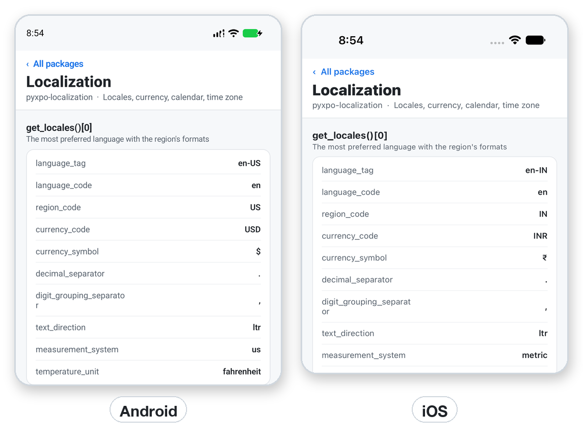 The locale fields on Android and iOS.