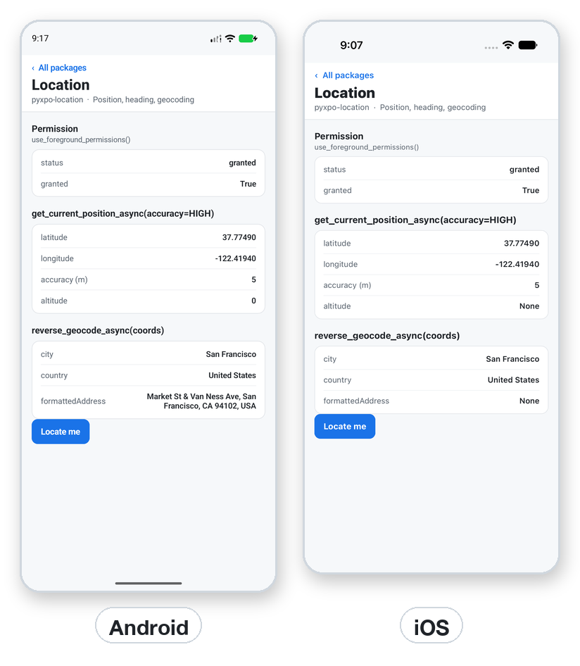 Position, accuracy and address on Android and iOS.