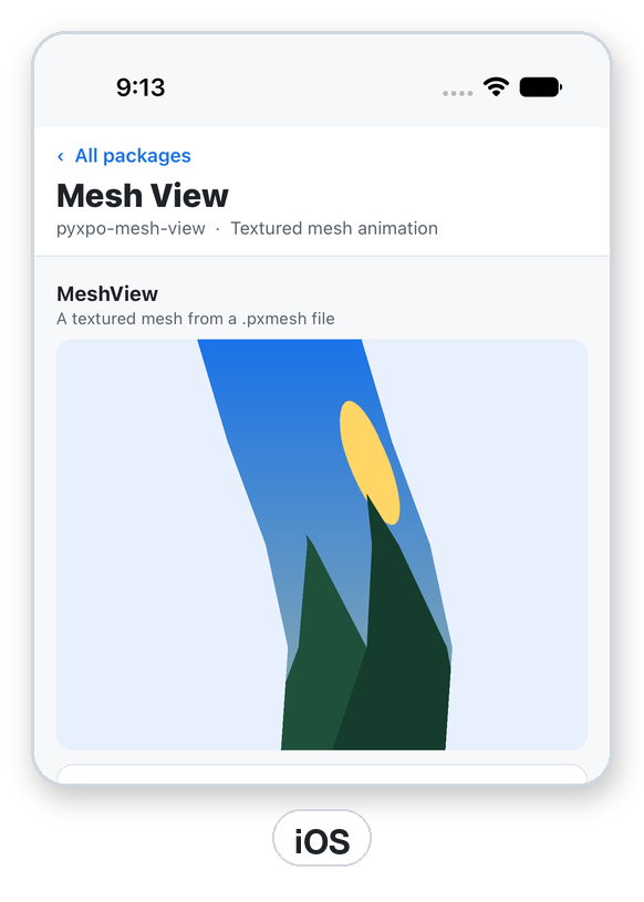 The mesh animation on iOS, bent over to one side.