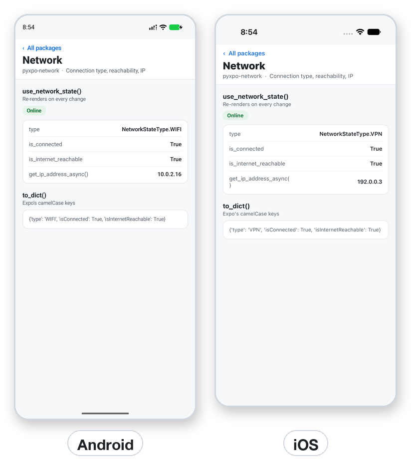 Network type, connection and IP address on Android and iOS.
