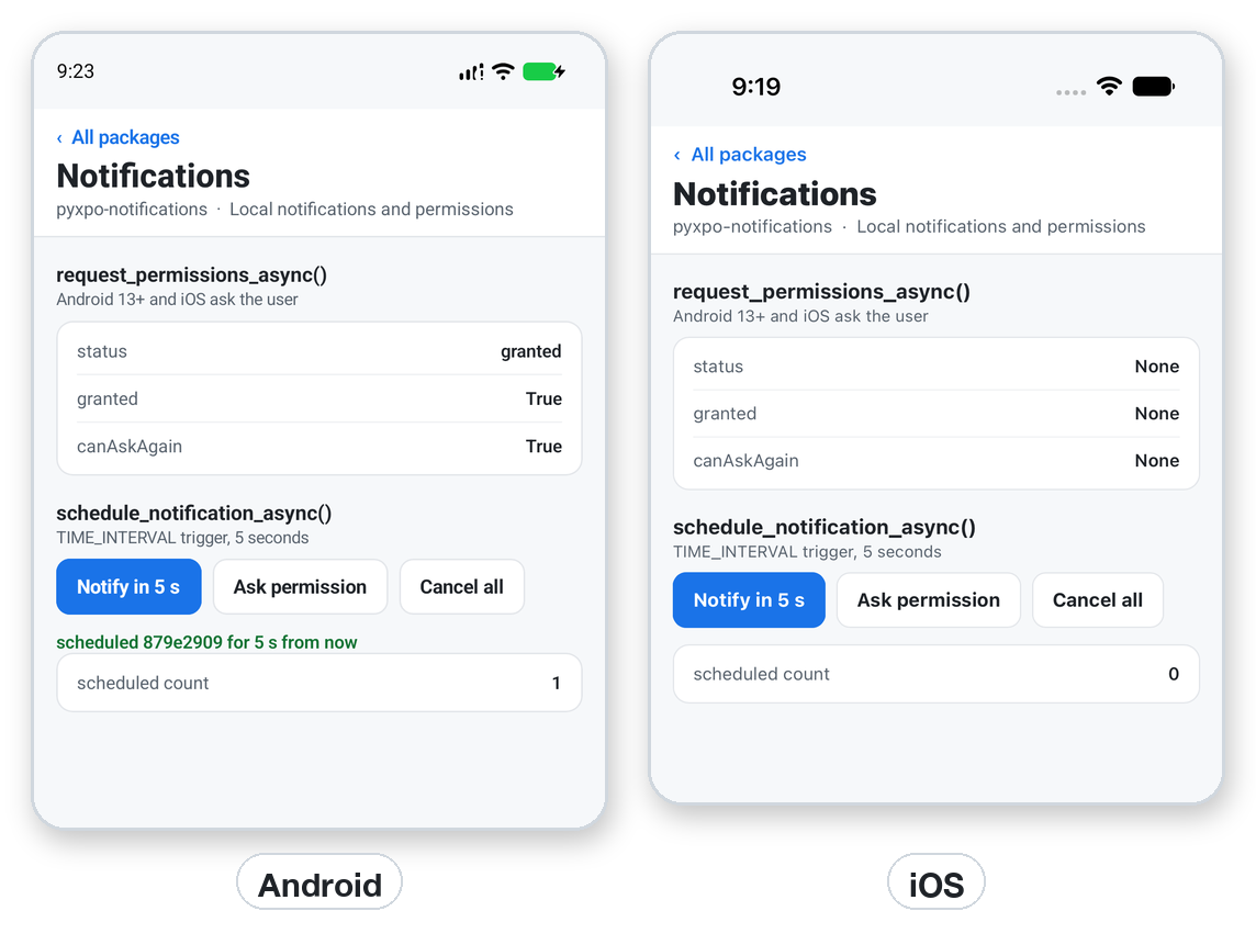 Permission granted and one notification scheduled, on Android and iOS.