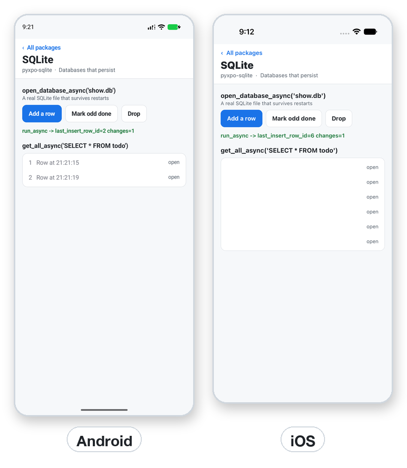 A todo table read from SQLite on Android and iOS.