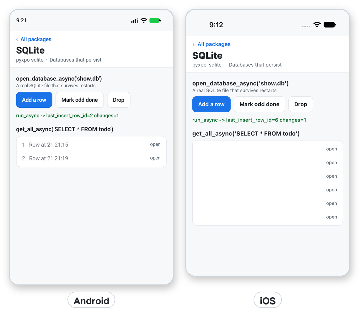 Rows read from the todo table with the run result of an insert, on Android and iOS.