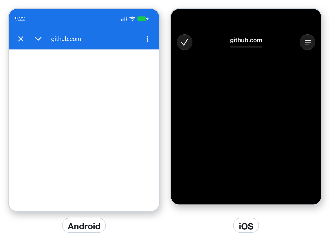The in-app browser open on github.com, on Android and iOS.