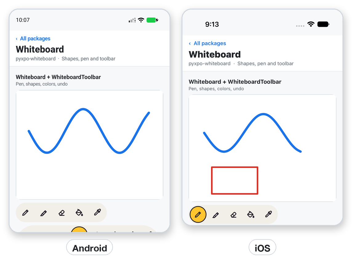 The whiteboard page and toolbar on Android and iOS.