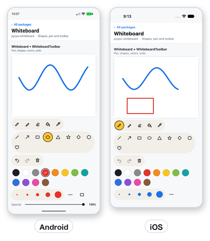 A whiteboard with shapes and the toolbar on Android and iOS.