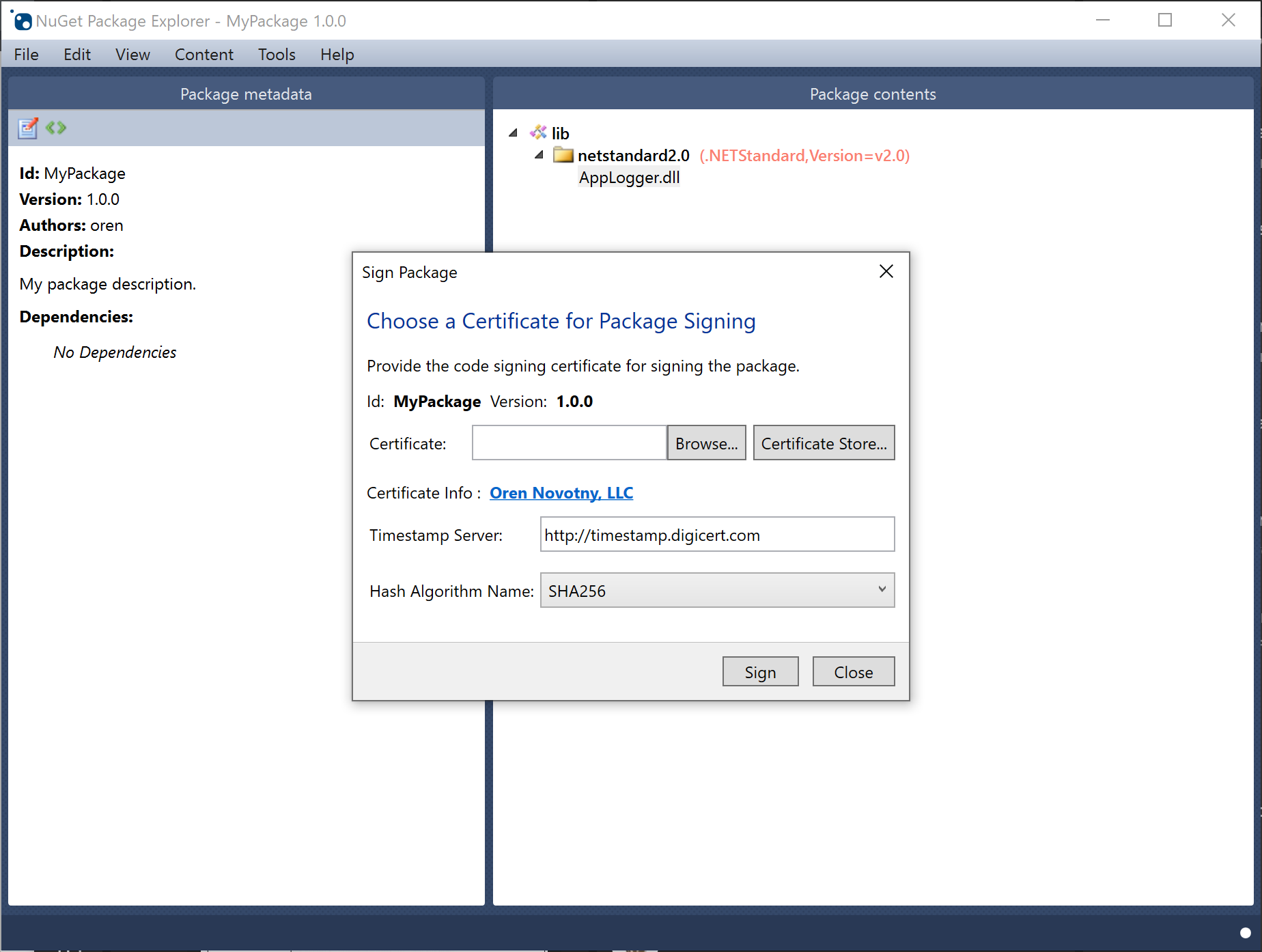 Sign package dialog