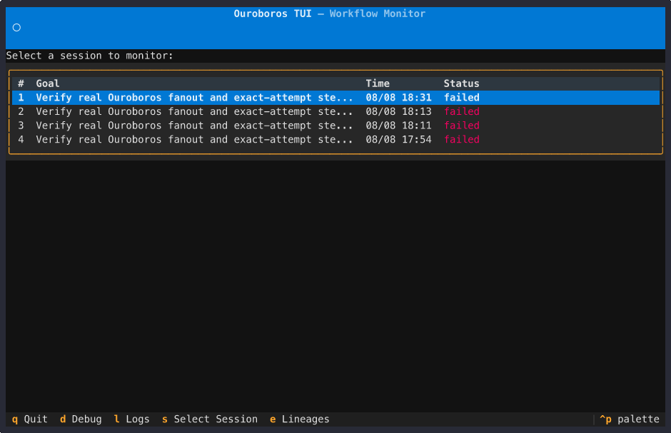 Terminal recording of ooo tui monitor: a session list with goals and statuses, selecting a session to show its AC execution tree with three failed criteria, then the event log listing received execution events