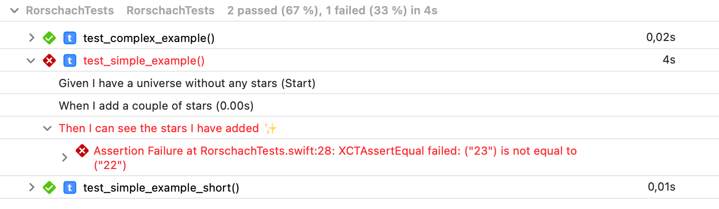 Corresponding test result with failure in Xcode's Report Navigator