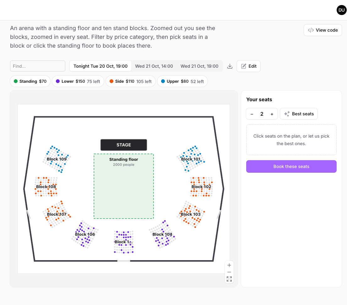An arena: stand blocks around a standing floor, filtered by price category