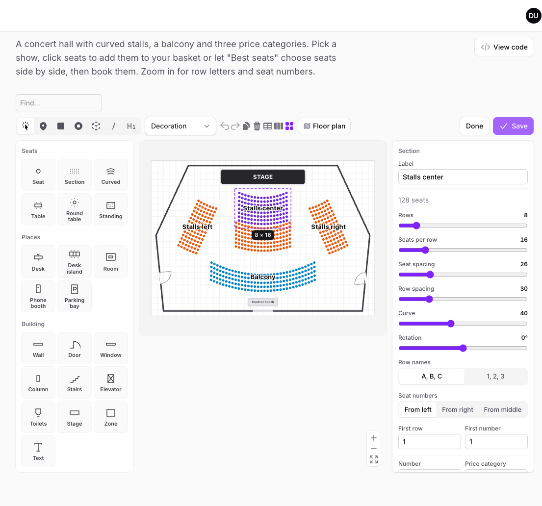 The editor: "What to place" on the left, a curved section selected, and its sliders on the right