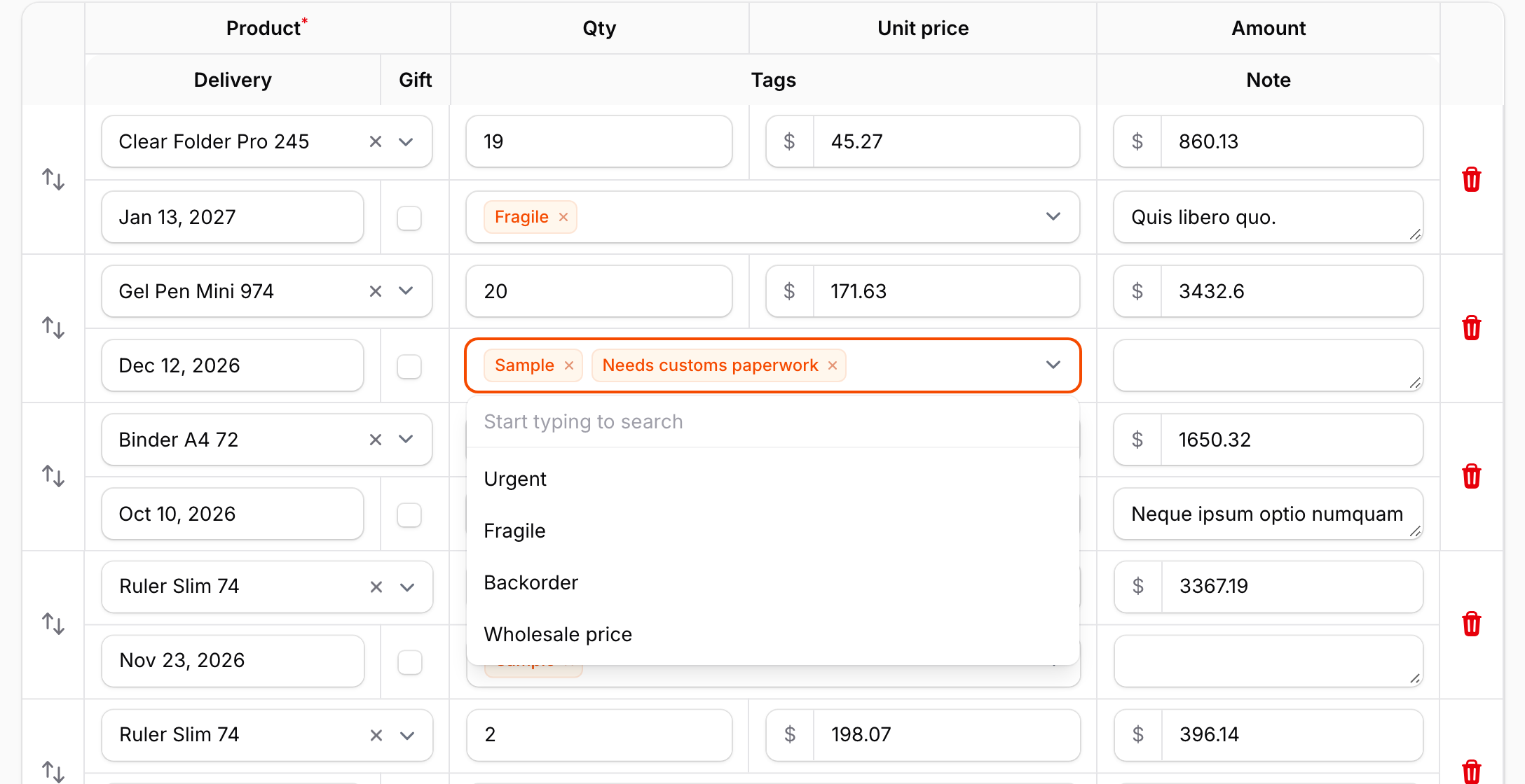 Multi-level rows with real fields on top of the canvas