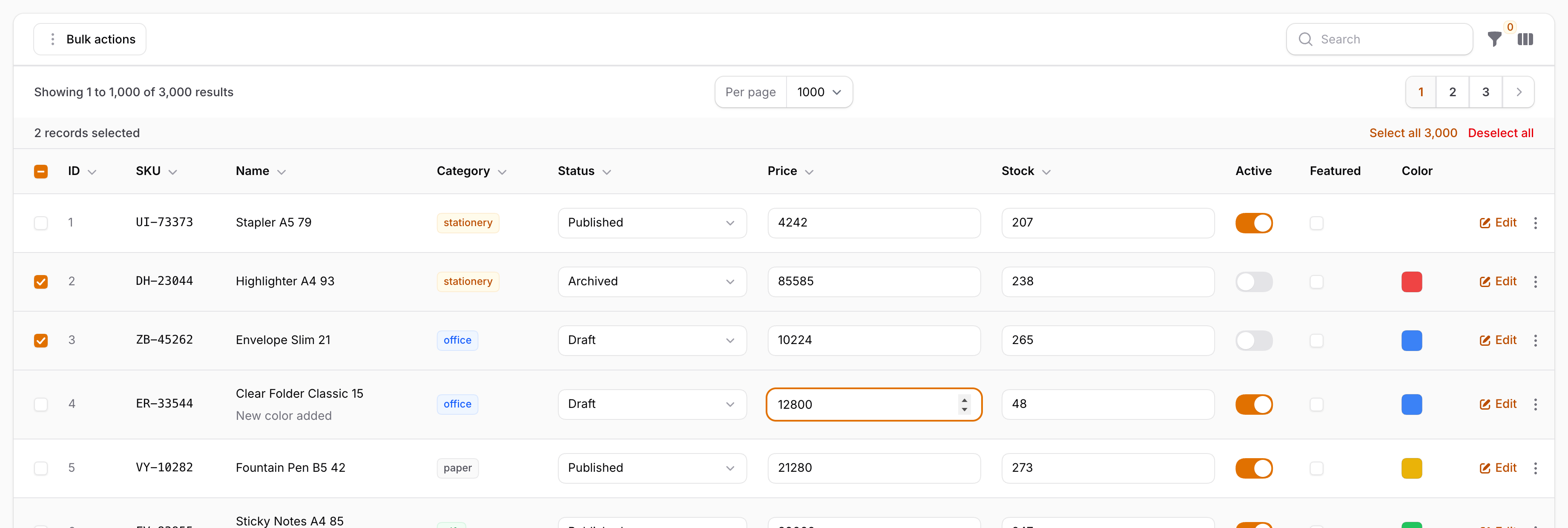 Inline editing and selection