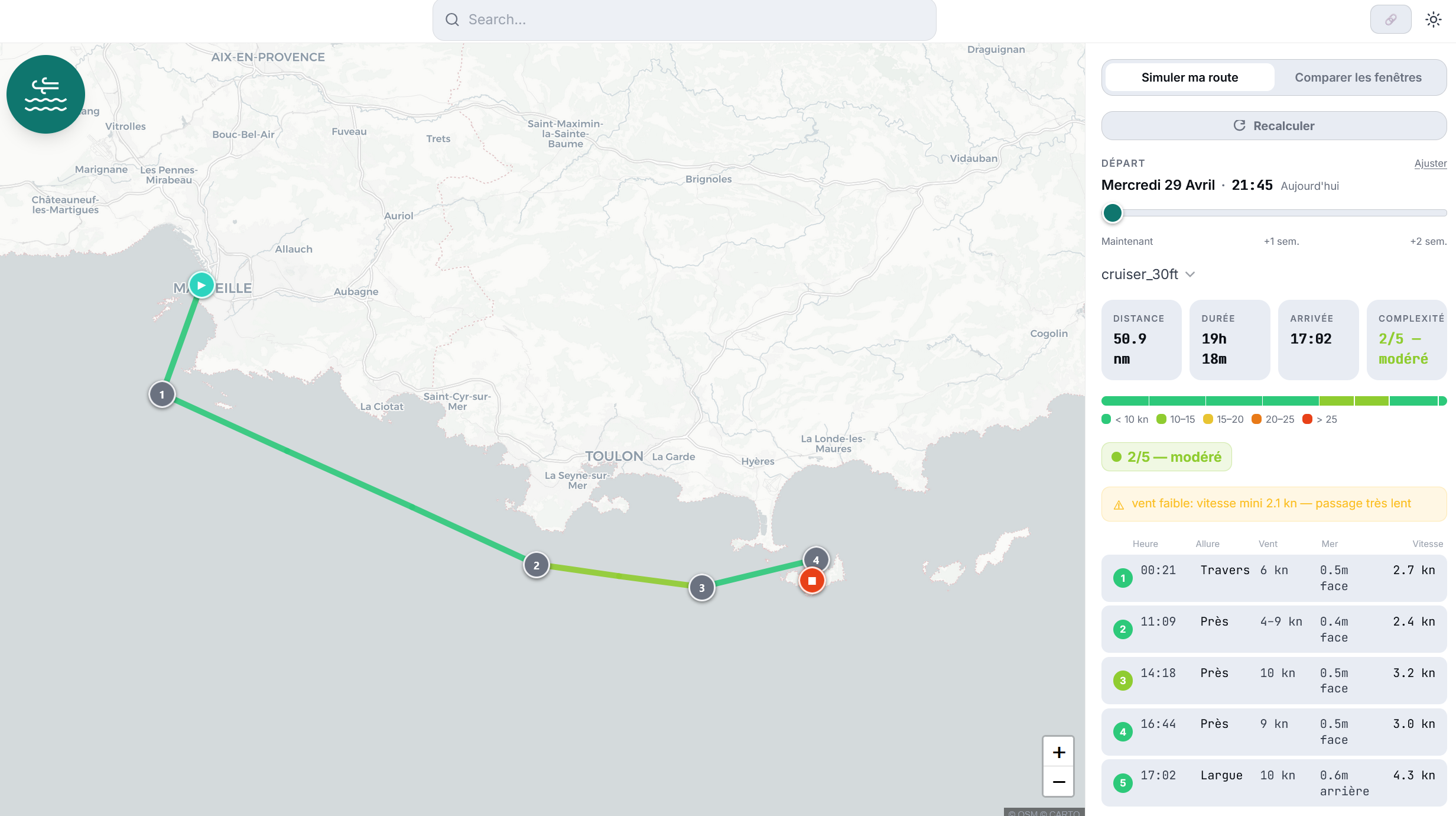 OhMyWind passage plan rendered in the web app
