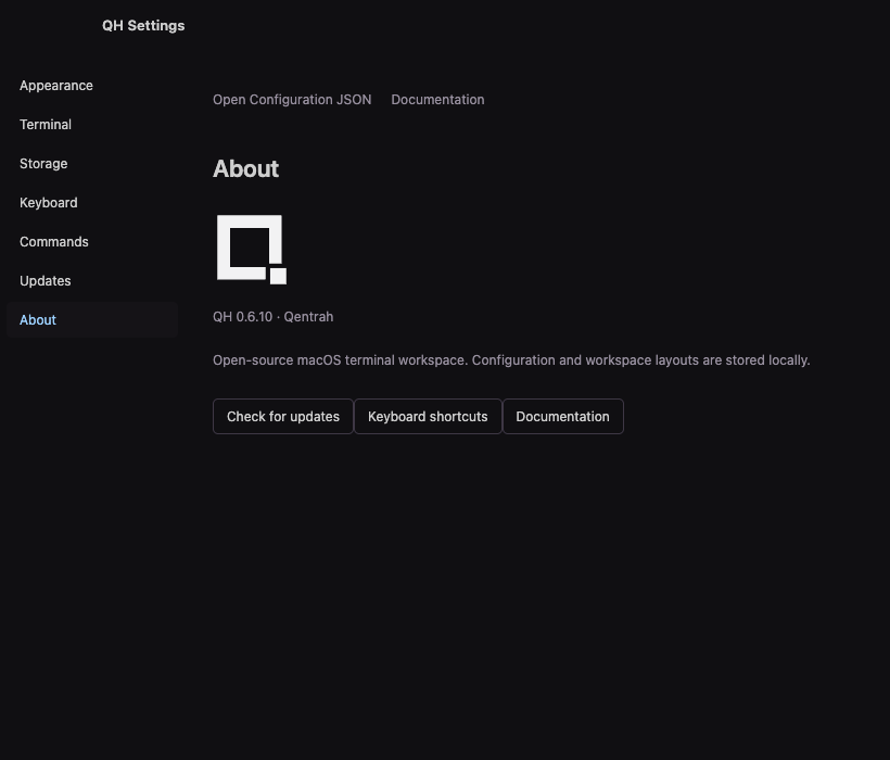 QH About page with square Q terminal logo